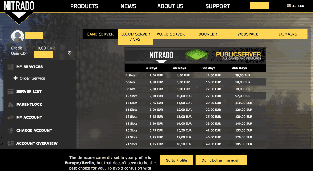 『NITRADO』ゲームサーバーの料金表