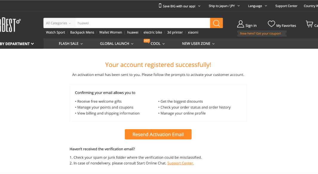 「Your account registered successfully!」と表示される